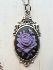 Victorian Antique Style Goth Lavender Rose on Black Cameo Necklace