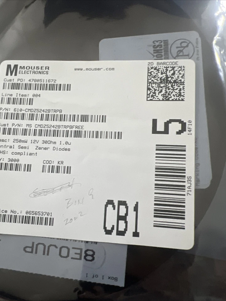 Diodos Zener semiconductores centrales 250 mW 12 V 30 ohm CMDZ5242B TR PBFREE CANTIDAD 3000 Foto 3 de 4