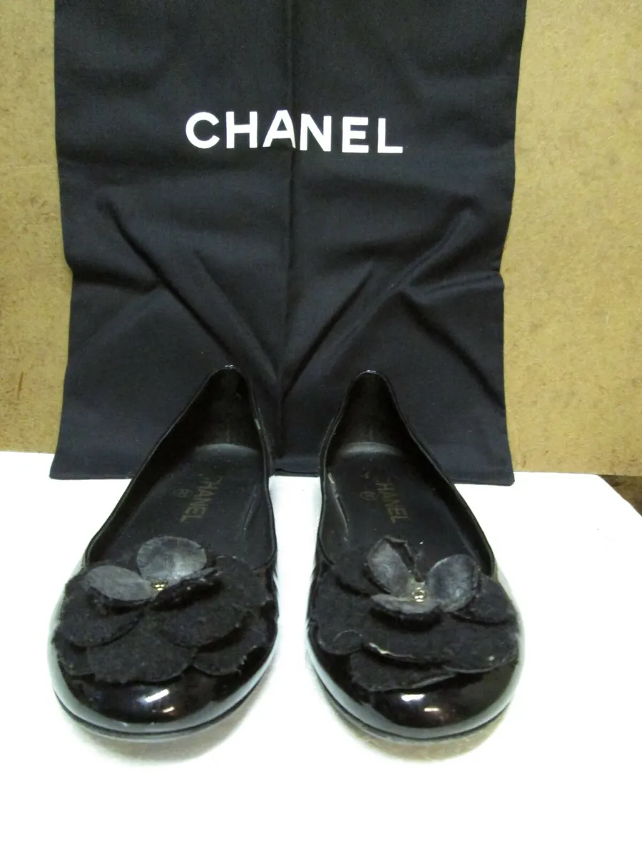 CHANEL Black Patent Leather Camelia Front Ballerina Flats Size 37.5