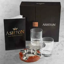 Ashton Cocktail Gift Set w Cups, Cigar Ashtray , Drink Recipes & Pairings book