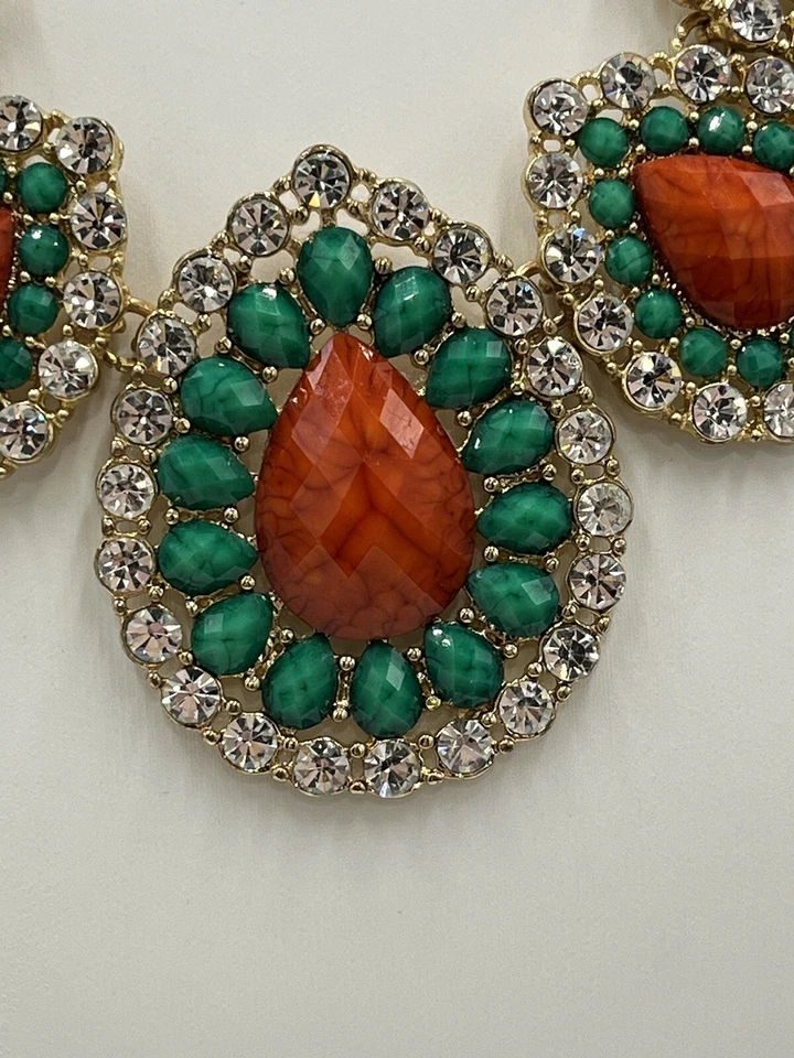 Amrita Singh Avery Austrian Orange & Green Crystal Gold Tone Statement Necklace - Image 4 of 4