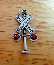 Silver 3D 27x16mm Railroad Crossing Sign Locomotive Train Engine Charm