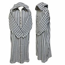 Moroccan White Blue Striped Wool Blend Hooded Thobe Djellaba Super Warm