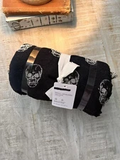 Pottery Barn Skull Metallic Jacquard Table Throw 50” Black NWT