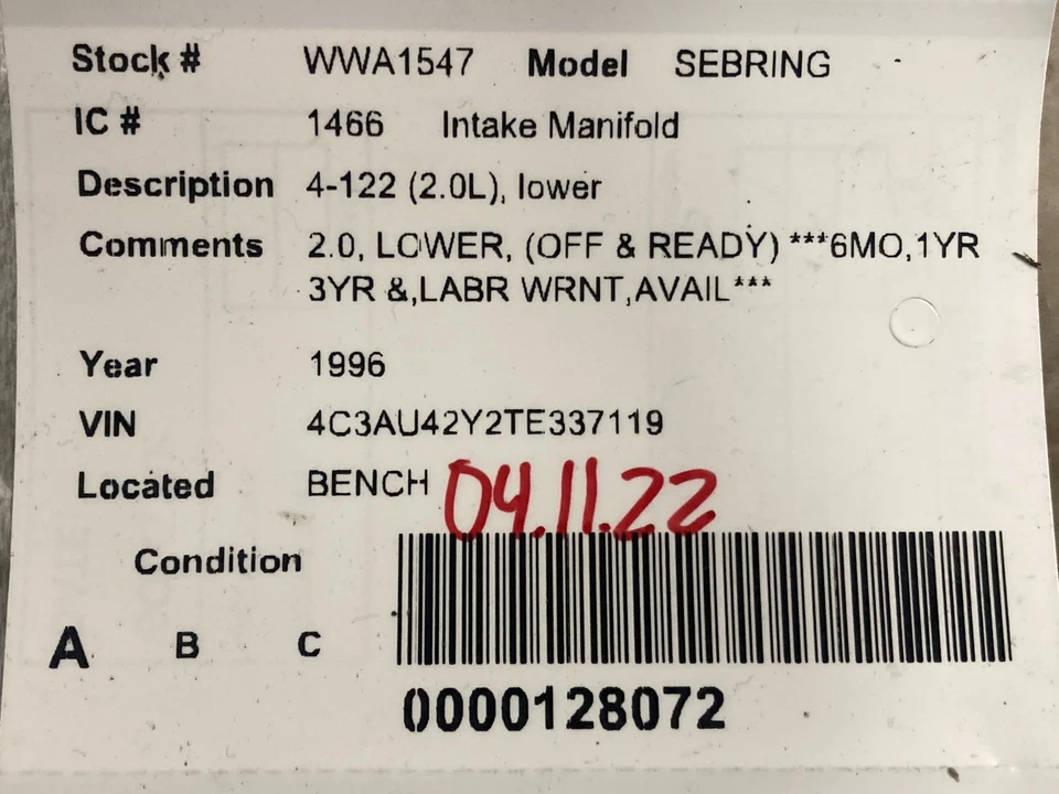 Used Lower Engine Intake Manifold fits: 1996 Chrysler Sebring 2.0L 4 cylinder w/ — 第 3/4 张图片