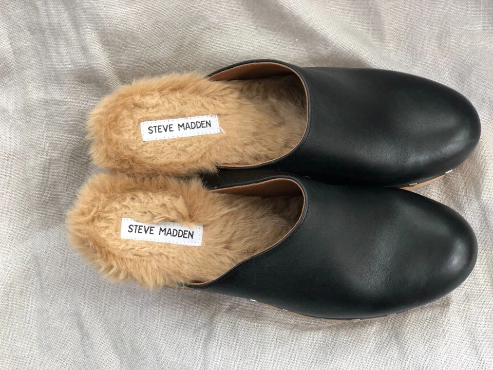 Zuecos Steve Madden Brooklyn para mujer 9,5 M con plataforma de madera forrados de cuero negro Foto 2 de 4