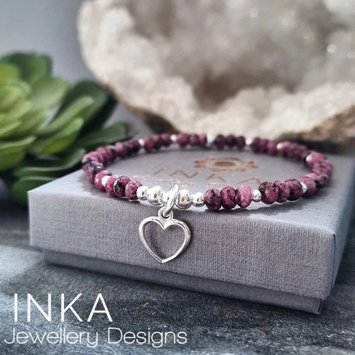 925 Sterling Silver Pink JADE Beaded Stretch Stacker With A Heart Charm By INKA