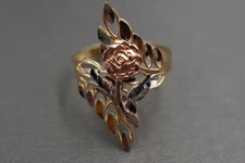 Real 14k Tri Color Gold Diamond Cut Long Leaf Flower Ring. Size 7