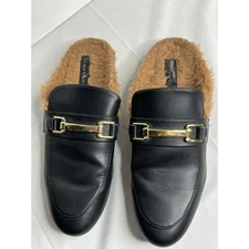 Madden Girl Womens Black Faux Fur Lined Loafer Mules Slip On Shoes Size 9