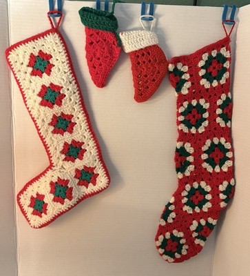Vintage Crochet Christmas Stockings Lot Handmade Granny Square Set