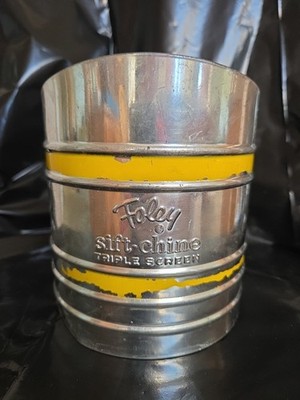 Foley Vintage Flour Sifter Sift-Chine Triple Screen Bright Yellow Amarillo Bands