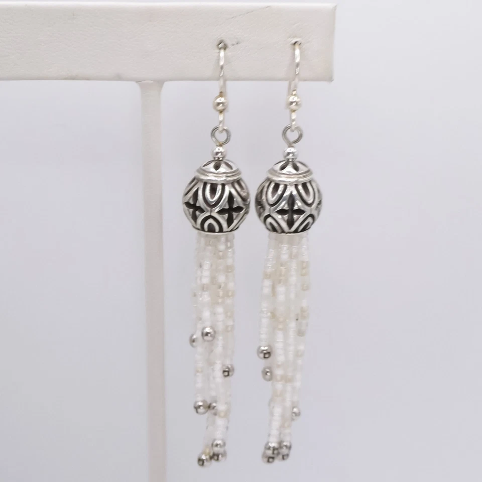 Brighton Boho Roots White Beaded Tassle 3.3" Womens French Wire Pierced Earrings - Image 2 of 4