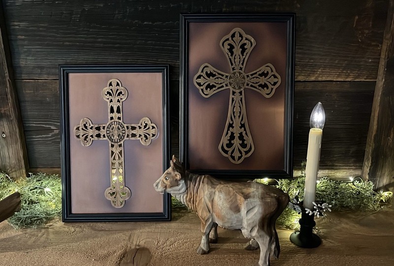 Framed Decorative Wooden Christian Cross Wall Art Decor Set of 2 Christianity