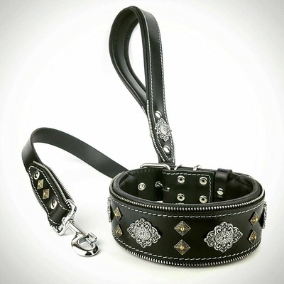 Bestia Aztec Set. 100% Leder. Halsband+Leine. Handgemacht. Gepolstert