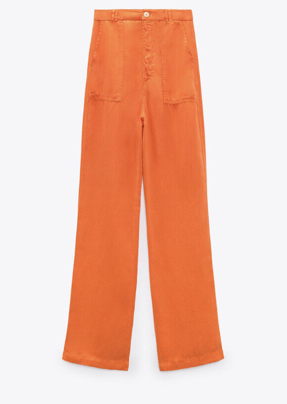 ZARA 2021 SS WIDE-LEG FULL-LENGTH Pants High Waist COLOURED Trousers Orange  M