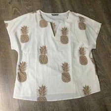 Shein Blouse Top Womens Size 12 White Pineapple Print Notch Neck