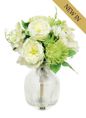 Brandneu mit Etikett Beatrice Bündel in gerippter bauchiger Vase 18 cm/33 cm Rosen Pfingstrosen künstlich