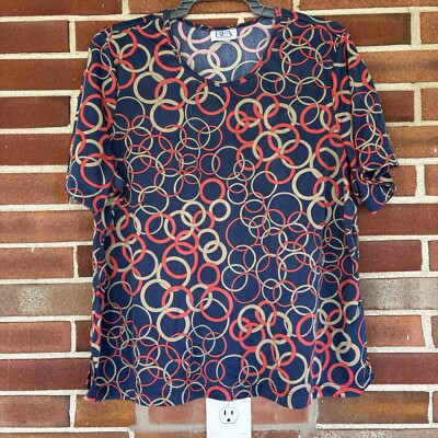 BFA Classics Blue Red Circle Print Short Sleeve Top 2X A1721