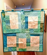 Quilted Spring Easter Bunnies blue green color scheme Wall hanging 33" square