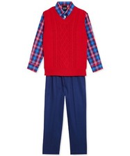 TFW Little Boys Sz 7 Red Sweater Vest Plaid Shirt Pants, 3 Pc Set - 65 NWT