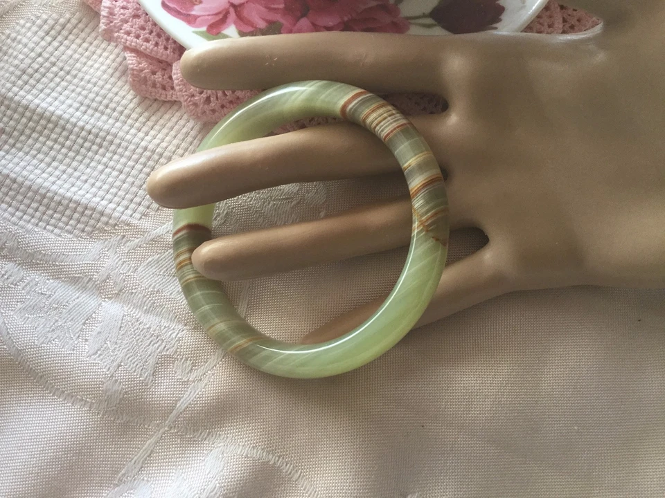 JOYERÍA VINTAGE TALLADA VERDE CLARO BANDAS ÁGATA PIEDRA BRAZALETE JOYERÍA ANTIGUA  Foto 4 de 4