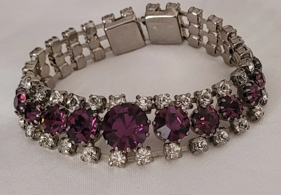 BIJOU VINTAGE BRACELET CRISTAL VIOLET BLANC MÉTAL ARGENTÉ #K25 - Photo 3/4