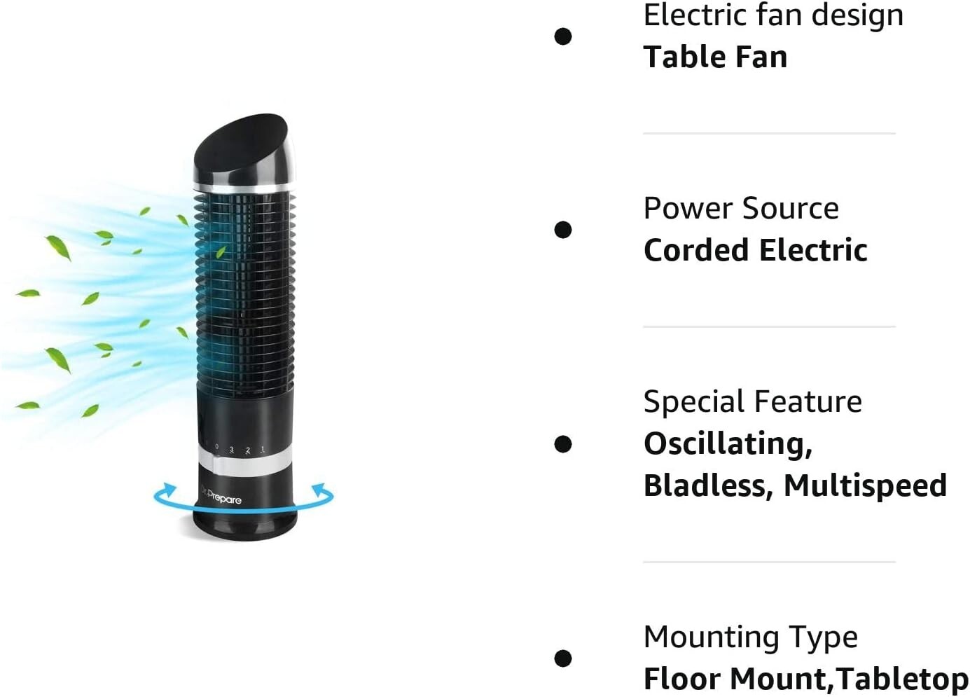 Space-Saving Mini Tower Fan - 3 Speeds - 16 Inch - Bedroom Home Office Cooling