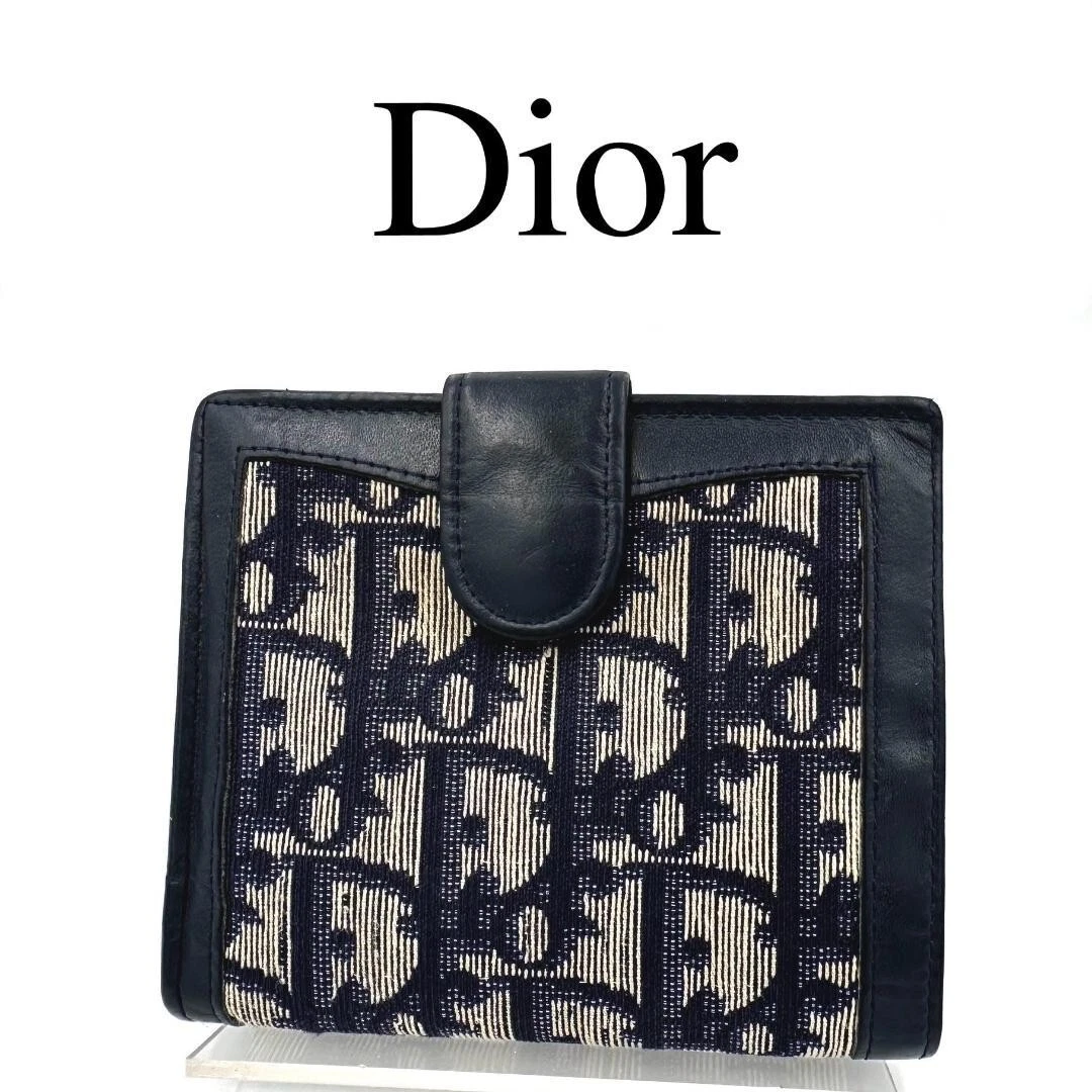 Christian Dior Portefeuille Bi Pli Trotteur Porte Monnaie Cuir Toile Marine DU JAPON