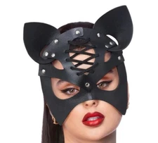 Fever Black Mock Leather PussyCat Mask Sexy Furry Dominatrix Halloween Accessory