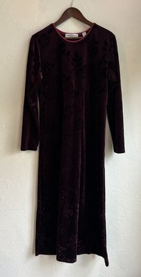 Vintage 90s Y2K Empire Waist Burgundy Velvet Rose Maxi Dress M Gothic Witchy