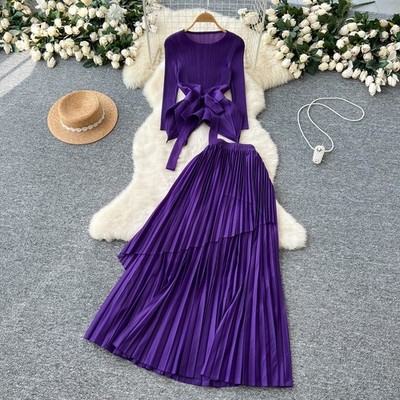 Design Lace-up Waist Irregular Pleated Top High Waist Drape Pleated Skirt Setss