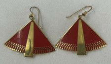 Vintage Egyptian Rvival Laurel Birch Earrings Red Gold Triangle Fan Bird