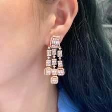 Dazzling Cubic Zircon Gold Plated Long Chandelier Dangle Earrings Bridal Jewelry