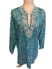 Lilly Pulitzer Swim Cover Up Dress XL Turquoise Seashell Print Beaded Deep V Nk