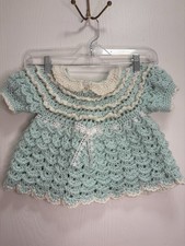 Vintage Hand-Knit Crochet Baby Dress Blue / Green With White