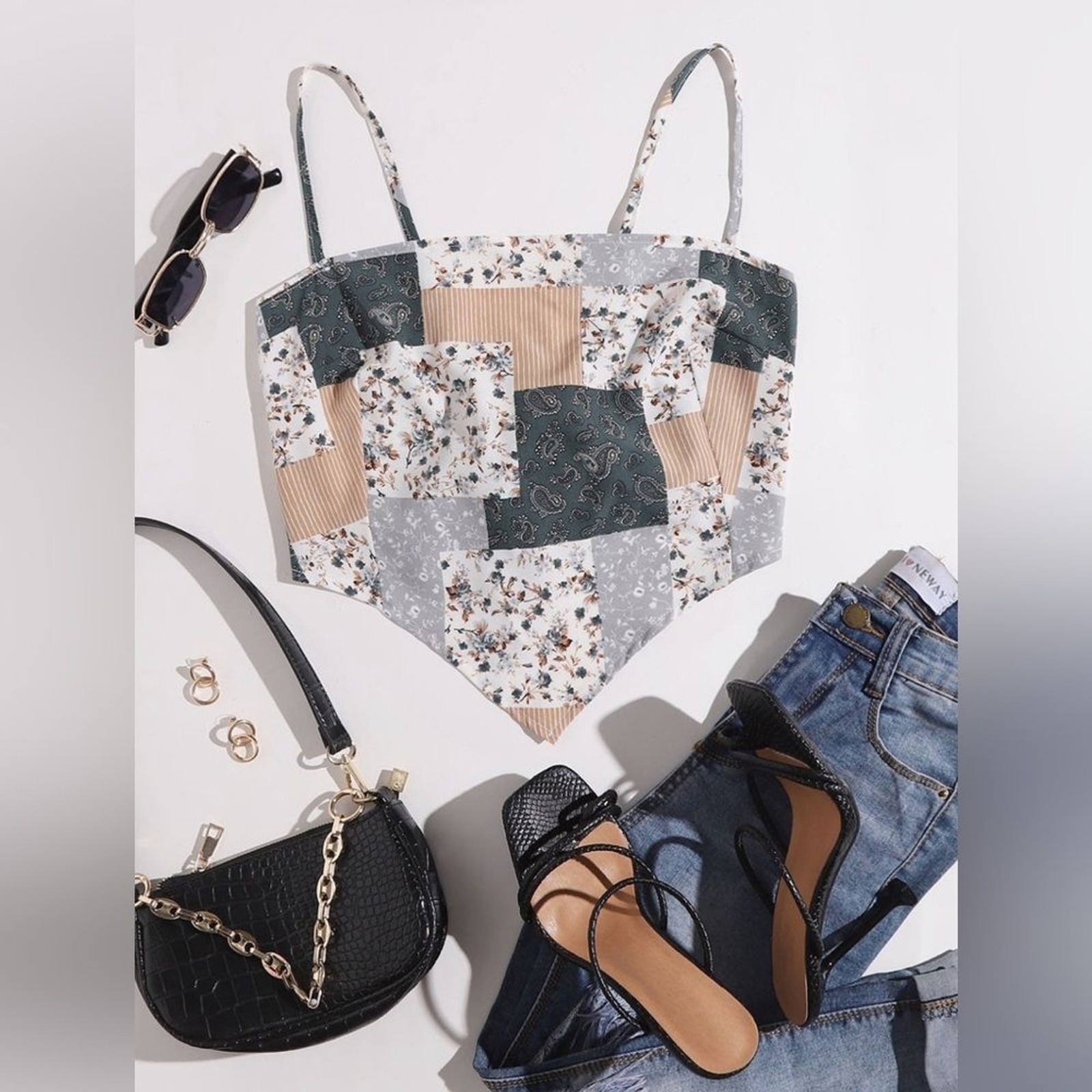 Boho patchwork color block handkerchief bandana t… - image 2