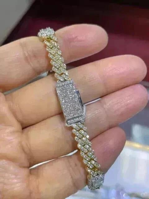 8Ct Round Cut Real Moissanite Men's Cuban Link Bracelet 14K Yellow Gold Plated - Imagem 4 de 4