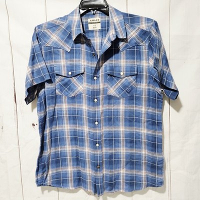 Ariat Huck Retro Snap Short Sleeve Shirt Size L Dutch Blue Plaid