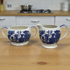 Antique Sadler Blue Willow Creamer Open Sugar Bowl Set Blue White England