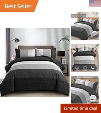 Elegant Reversible Black-Grey Stripe Comforter Set for Queen Beds, 90" x 90"