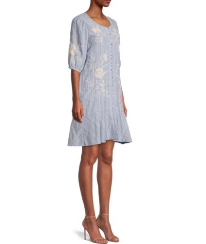 JOHNNY WAS 3J Workshop Osiris Puff SLV Button Bown Boho Chic Dress (Slip) XS NEW - Picture 2 of 15