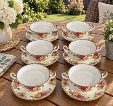 Royal Albert Old Country Roses England Bone China 6 soup coupes & plate