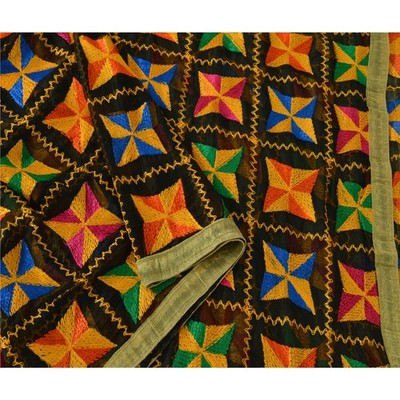 Sanskriti Vintage Black Dupatta Embroidered Chiffon Silk Bagh Phulkari Stole