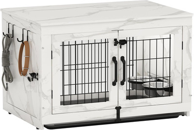 Stylish Wooden Dog Crate End Table with Rotatable Bowls - Marble White
