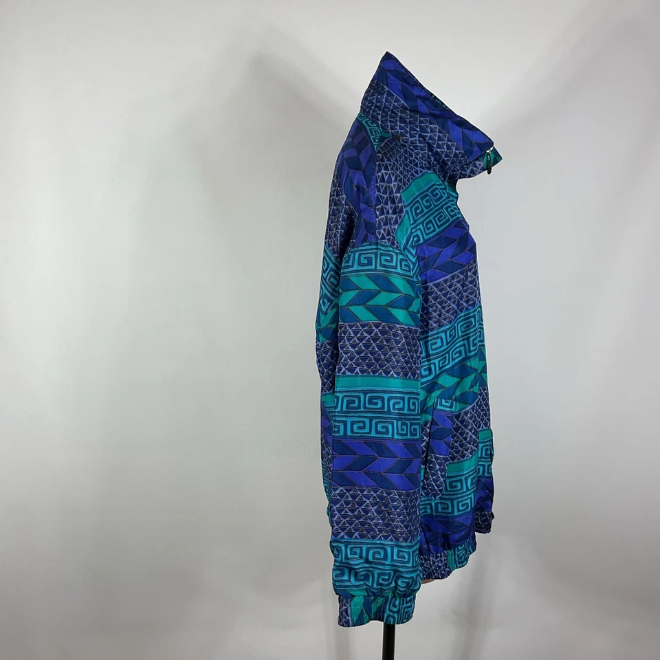 Chaqueta de bombardero vintage años 90 FUDA International púrpura verde azulado 100 % seda cremallera 1X AOP Foto 3 de 4