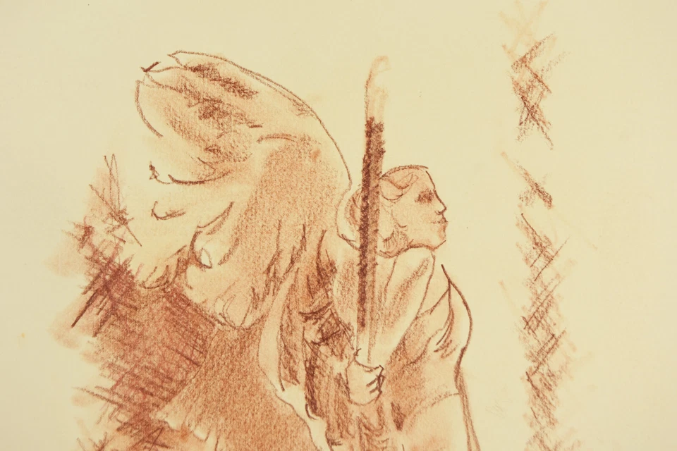 15-дюймовый карандашный рисунок Carolynn Mann художественные ангелы среди нас ангел со статуей меча  - Изображение 2 из 4