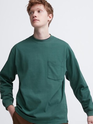 Size L Men's Uniqulo Washed Cotton Crew Neck Green Long-Sleeve T Shirt Oversized