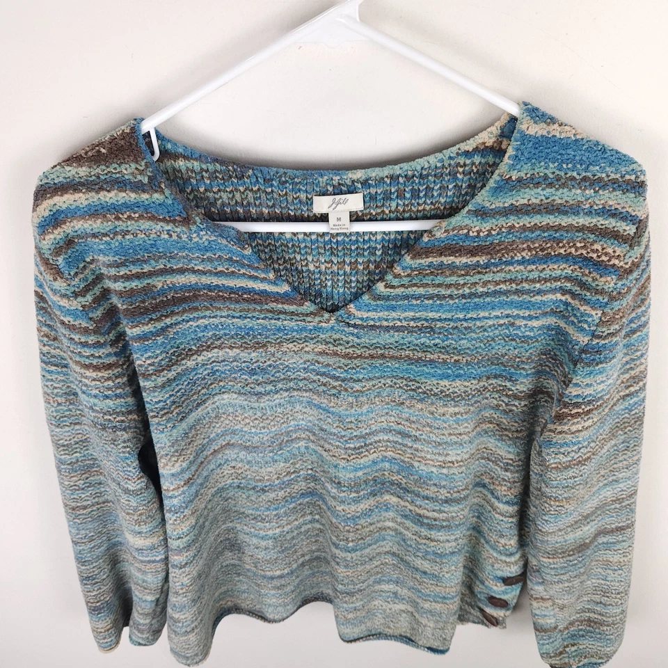 Suéter para mujer Jill mediano verde azul marrón botones a rayas poliéster suave Foto 3 de 4