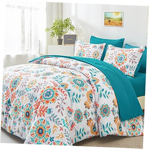 Boho Comforter Set - 7 Pieces Bed in a Bag Floral Medallions Design, Queen Blue