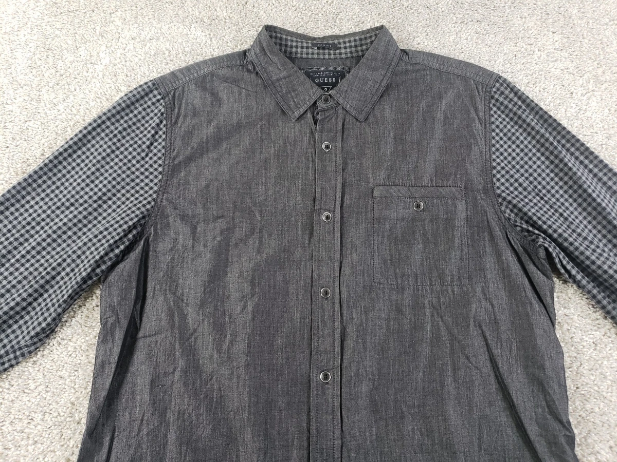 Camisa grande con botones de manga larga Guess para hombre calce ajustado de algodón negro
